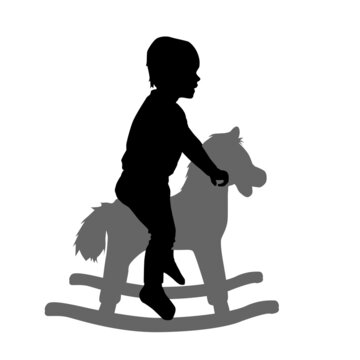 toddler on rocking horse, kid playing, vector silhouette isolated on white background