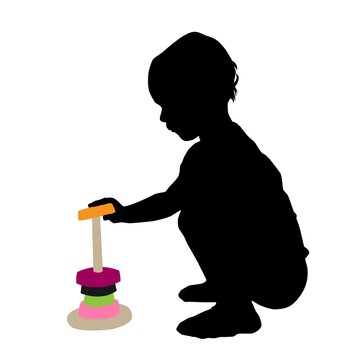 toddler with pyramide from rings, kid playing, vector silhouette isolated on white background