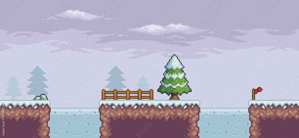 Poster pixel art game scene in snow with pine trees, bridge, fence, frozen lake and clouds 8 bit vector bac