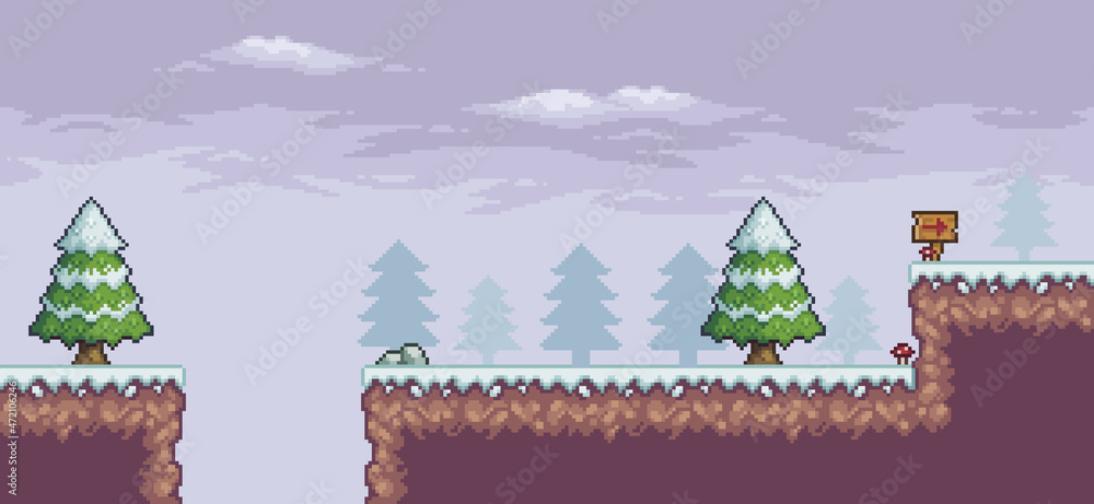 Poster pixel art game scene in snow with pine trees, board, and clouds 8 bit vector background