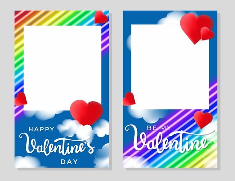 LGBT Valentine's day photo booth prop with neon flag colors, red hearts and clouds. Happy Valentine's day photo frame Concept for decoration, selfie or party, 14 February rainbow vector illustration