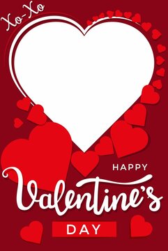 Valentine's Day photo booth prop with red hearts. Flat style vector illustration. Happy Valentine's day cute photo frame. Concept for decoration, selfie or party, 14 February greeting card template