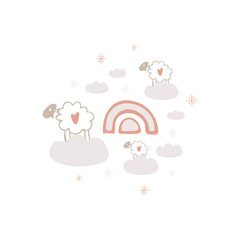 Boho winter holidays elements in hand drawn style. Christmas vector decoration. Sheeps on clouds, snow and rainbow. Greeting cards, posters, invitation design.