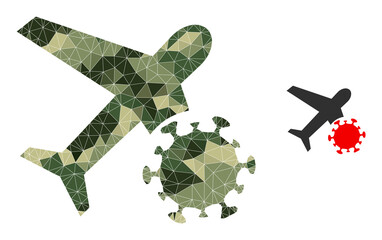 Camouflage triangulated collage infected airplane icon. Low-poly infected airplane icon designed with random camouflage color triangles.