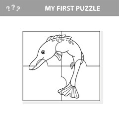 Jigsaw puzzle with pike fish. Educational game for children. Vector illustration. My first puzzle and coloring page
