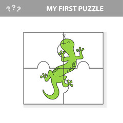 Cute puzzle game. Vector illustration of puzzle game with happy cartoon lizard. My first puzzle for children