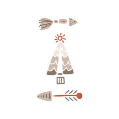 Boho winter holidays elements in hand drawn style. Christmas vector decoration. Scandinavian Christmas print with christmas tree and arrows in retro color. Greeting cards, posters, invitation