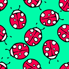 ladybug pattern. seamless pattern of a red round beetle with white spots and small antennae and a black outline randomly placed on a green background. funny ladybug top view template for summer design