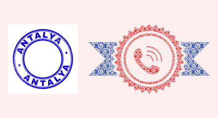 Obraz premium Vector call center stamp with ribbons icon mosaic is designed of random recursive call center stamp with ribbons parts. Antalya dirty blue round seal print.