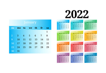 Calendar for 2022 isolated on a white background