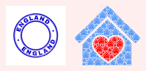 Vector love house icon collage is formed from scattered recursive love house items. England grunge blue round seal. Recursive combination of love house icon.