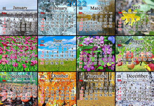 calendar for 2022 in English with twelve photo of nature