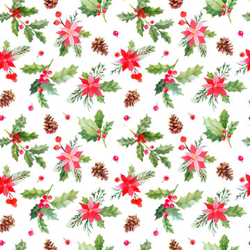 Christmas seamless pattern with watercolor poinsettia and holly bouquets, pine cones, berries for wrapping paper and decor. Isolated hand drawn illustration on white background