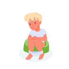 Baby boy sitting on green chamber pot vector illustration. Cartoon little child doing morning or evening hygiene routine in bathroom or lavatory isolated on white. Toddler potty training concept - obrazy, fototapety, plakaty