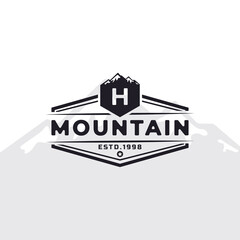 Vintage Emblem Badge Letter H Mountain Typography Logo for Outdoor Adventure Expedition, Mountains Silhouette Shirt, Print Stamp Design Template Element