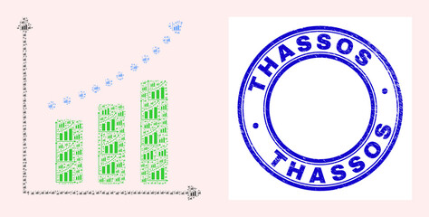 Vector growing chart icon mosaic is made with randomized self growing chart parts. Thassos scratched blue round stamp seal. Fractal mosaic of growing chart icon.