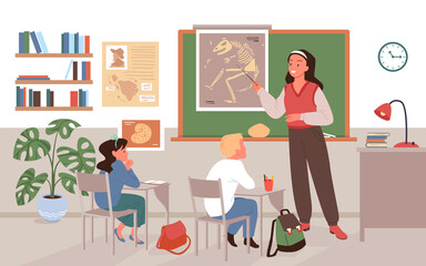 Teacher training children history in school classroom interior with board vector illustration. Cartoon woman showing pointer to bones of prehistoric animals, students study on lesson in college