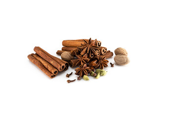 Natural spices. Cinnamon sticks, nutmeg and anise stars