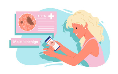 Mobile app for detection of melanoma online vector illustration. Cartoon woman holding smartphone, scanning mole on skin to identify benign or malignant nevus. Modern medical technology concept