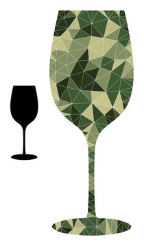 Camouflage lowpoly mosaic wine glass icon. Low-poly wine glass icon is combined with randomized camouflage colored triangle parts. Vector wine glass pictogram in camouflage military style.