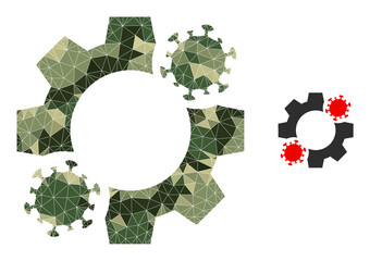 Camouflage low-poly collage virus mechanics icon. Low-poly virus mechanics pictogram is constructed with chaotic camo filled triangles. Vector virus mechanics icon in camo army style.