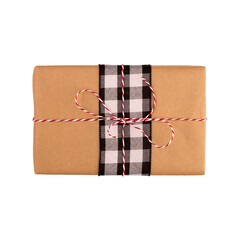 A brown paper wrapped gift isolated on a white background. Christmas gift composite