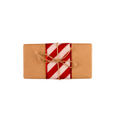 A brown paper wrapped gift isolated on a white background. Christmas gift composite