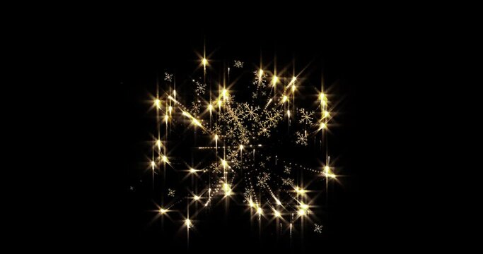 Animation of glowing christmas snowflakes and new year fireworks on black background
