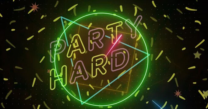 Animation of party hard text in pink and yellow neon with confetti falling on black background