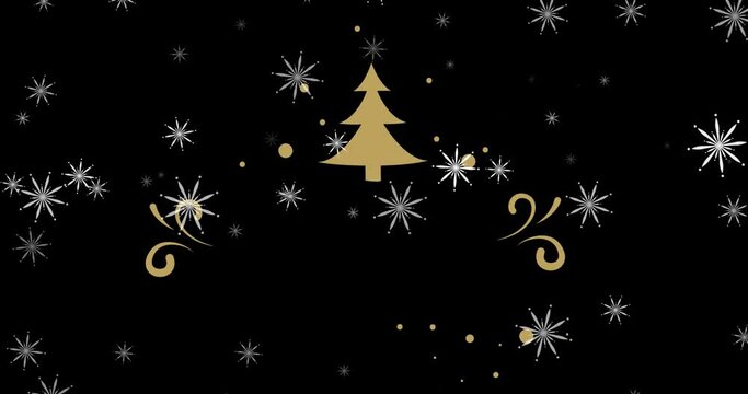 Animation of gold christmas tree and white snowflakes on black background