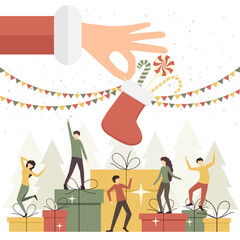 Dancing People and Santa with Christmas Sock