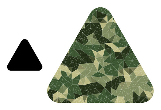 Camouflage low-poly mosaic rounded triangle icon. Low-poly rounded triangle icon combined from randomized camo filled triangle parts. Vector rounded triangle icon in camo military style.