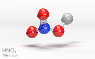 HNO3 Nitric acid. Molecule with hydrogen, nitrogen and oxygen atoms. 3d rendering