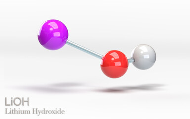 LiOH Lithium Hydroxide. Molecule with lithium, oxygen and hydrogen atoms. 3d rendering - obrazy, fototapety, plakaty