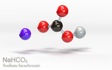 NaHCO3 Sodium bicarbonate. Molecule with sodium, hydrogen, carbon and oxygen and atoms. 3d rendering
