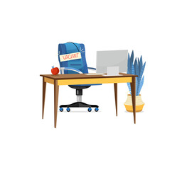 Office blue chair with sign vacant and table with computer. Business illustration for recruiting and hiring. 