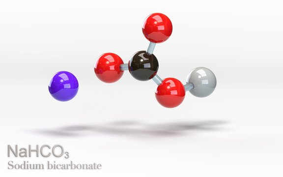 NaHCO3 Sodium bicarbonate. Molecule with sodium, hydrogen, carbon and oxygen and atoms. 3d rendering