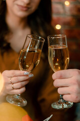 wine, champagne, glass, toast, drink, party, celebration, alcohol, hand, wedding, woman, couple, people, restaurant, glasses, drinking, dinner, hands, cheers, bride, event, dating, holding, beverage, 