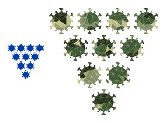 Camouflage lowpoly mosaic virus grapes icon. Lowpoly virus grapes icon is combined with scattered camouflage colored triangle parts. Vector virus grapes pictogram created in camouflage army style.