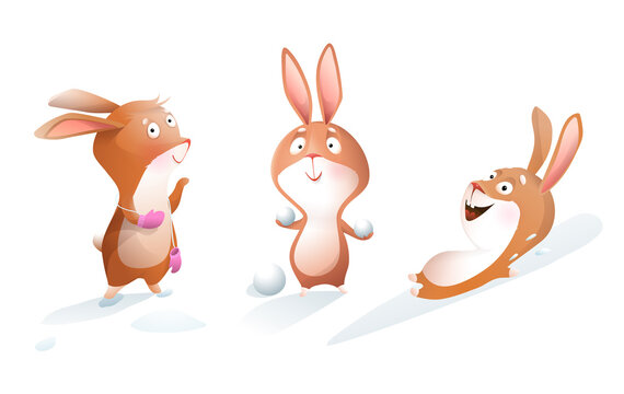 Cute winter bunny or rabbit playing snowballs, sitting in Christmas snow. Isolated rabbits set playing winter games, character design for kids. Watercolor style illustrated animals clipart.