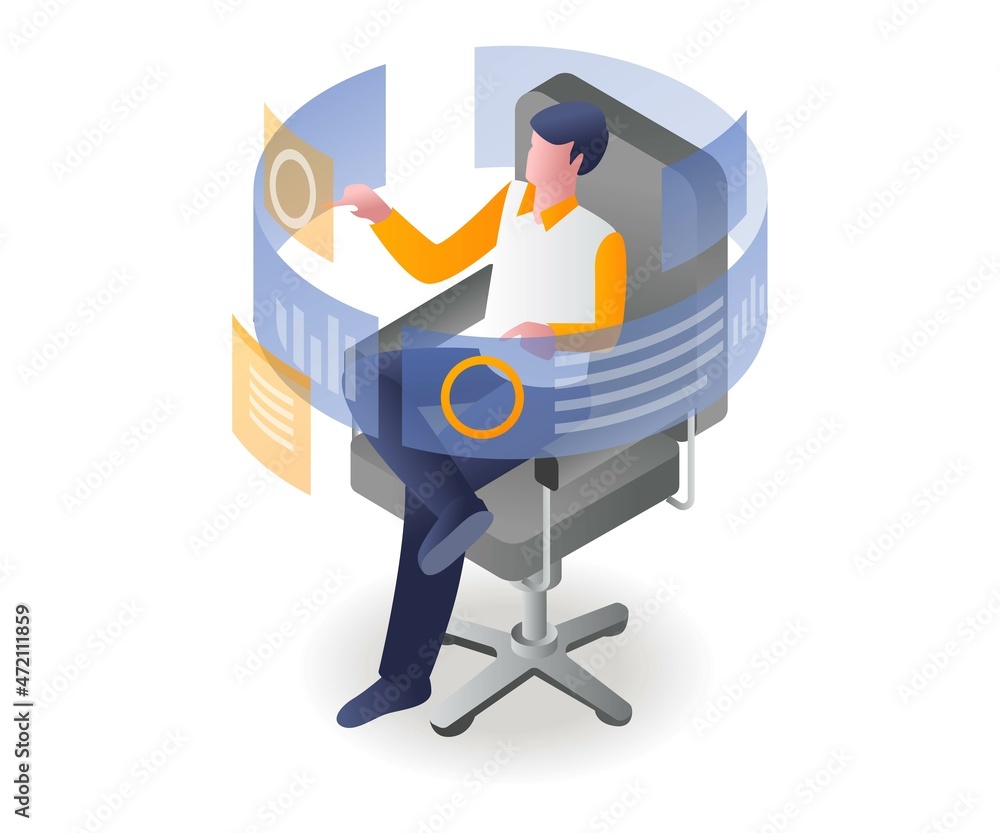 Poster man sitting while touching screen