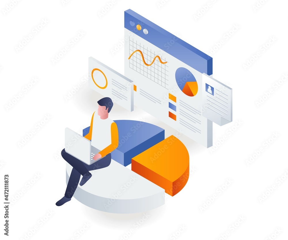 Poster man sitting on pie chart and analyzing data