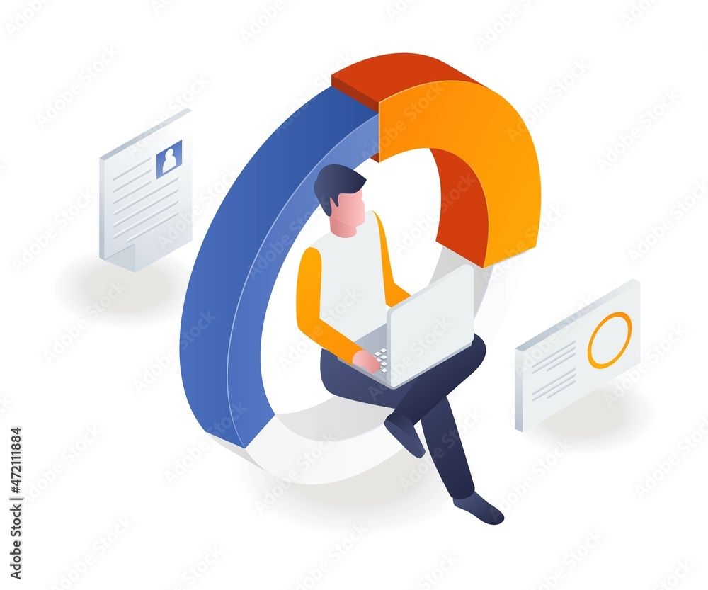 Aufkleber man sitting on analytic pie chart