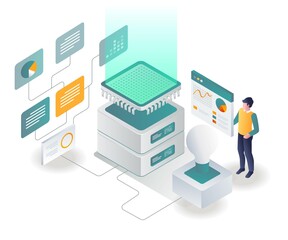 Obraz premium Man set up data chip network with his idea