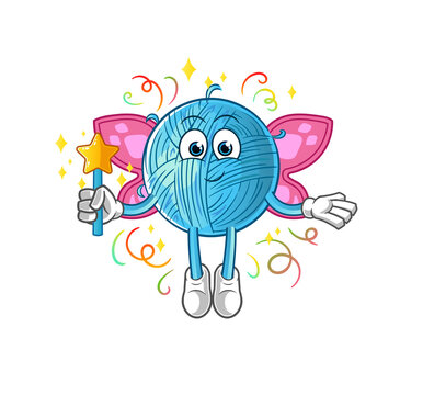 yarn ball fairy with wings and stick. cartoon mascot vector