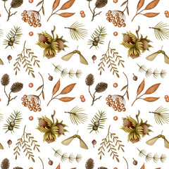 Watercolor realistic Forest Plant seamless pattern. Autumn leaves, Tree branches, nuts, cones, berries, seeds. Hand drawn woodland background for natural print design, fabric, textile, wrapping paper