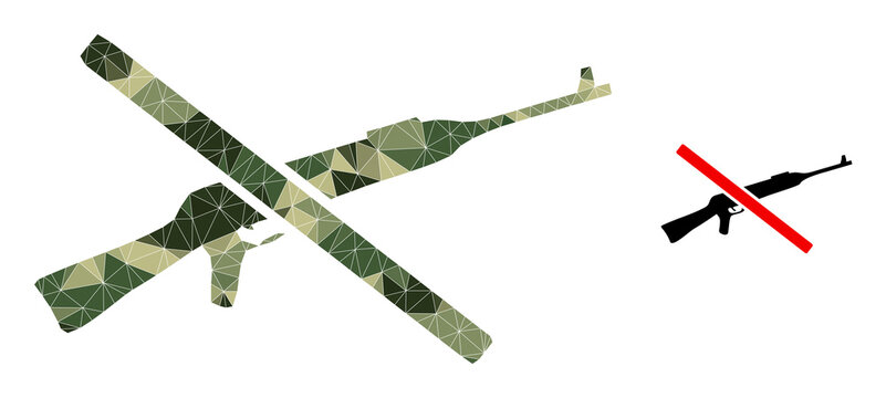 Camouflage triangulated mosaic stop kalashnikov gun icon. Low-poly stop kalashnikov gun icon designed from randomized camouflage color triangles.