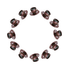 Round frame of brown porcelain coffee cups with saucers, isolated on white. Watercolor illustration. For cards, invitations, menu, recipe, cookbook, stationery and packaging design.