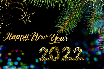 Happy New Year 2022 background greeting card Christmas tree branch