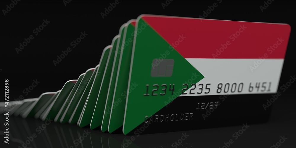 Poster domino effect, fallen credit cards with flags of sudan. fictional data on card mockups. banking coll